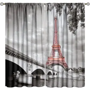 Paris Eiffel Tower Curtains City Landscape Art Printed Window Drapes for Bedroom Living Room Decor Fabric Polyester 2 Panel W21xL45in 30% Blackout
