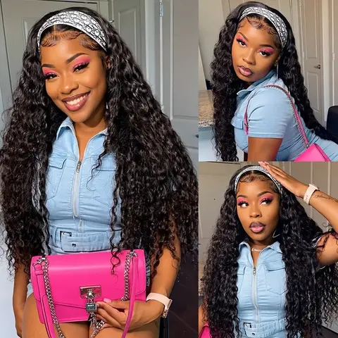 Bling Hair Headband Wig Deep Wave Machine Made None Lace Human Hair WIg Ready to Wear Glueless Curly Headband Half Wig For Wowen Beginner Friendly 180% Density SoHoChic Style #tiktokshopstockup #SohoChic