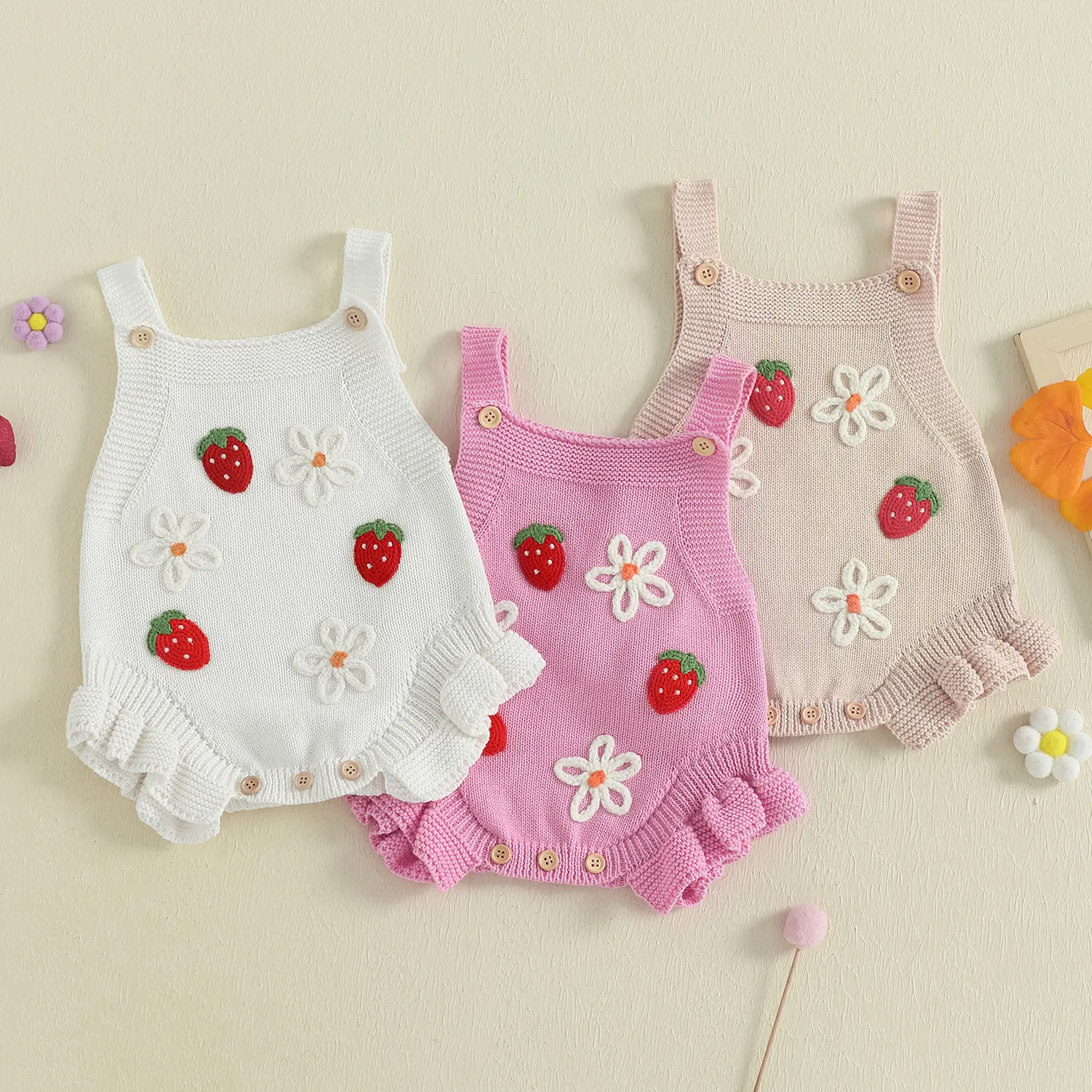 Baby Girl Cotton Knit Sleeveless Square Neck Jumpsuit, Adorned with Crochet Flower and Strawberry Accents