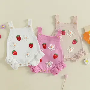 Infant Toddler Baby Girl Knit Romper Crochet Flower Strawberry Sleeveless Square Neck Jumpsuit Sweater Bodysuit
