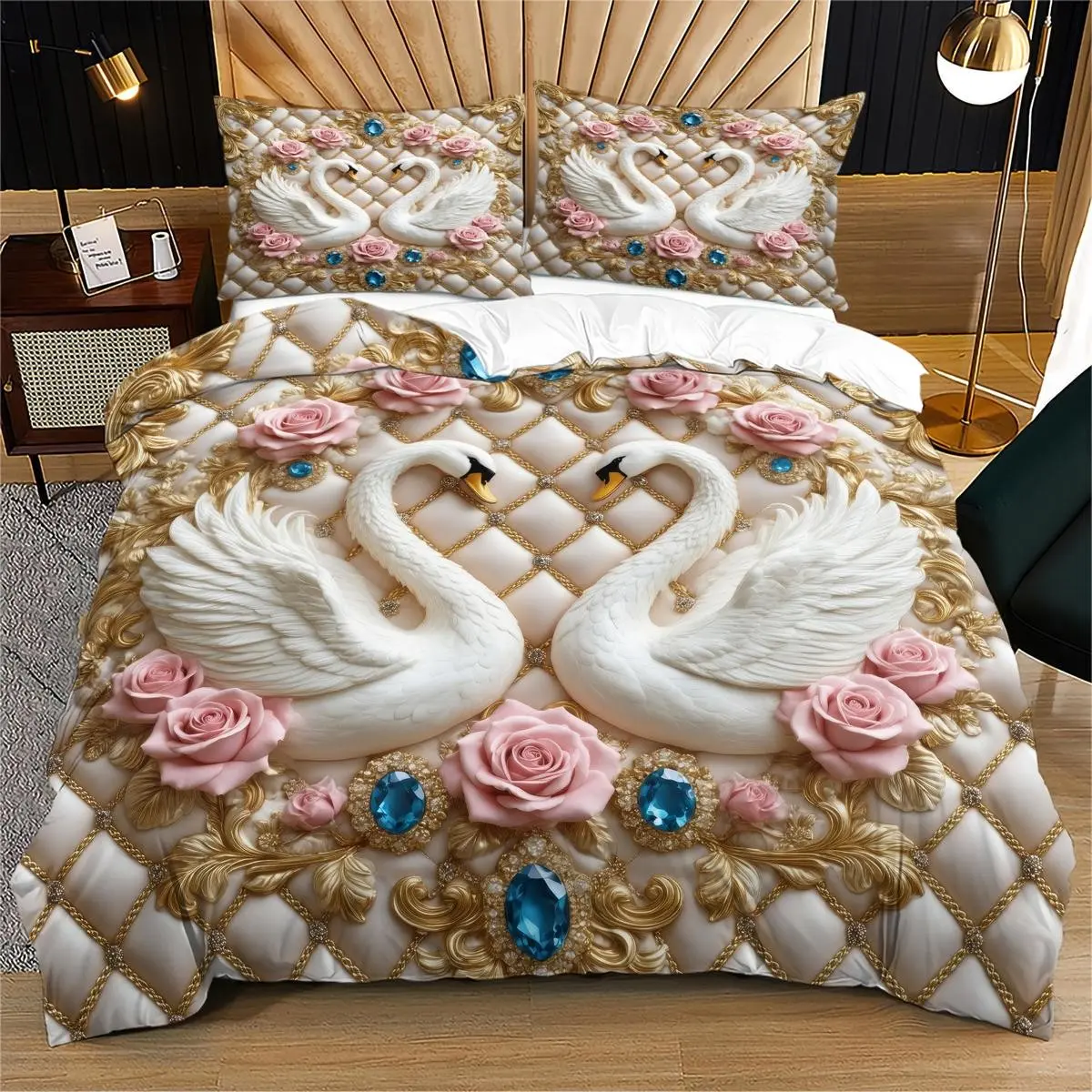 Luxurious European Floral Bedding Set, Decorative Duvet Set, Bed Sets, Soft Comfortable, 3 Piece Set (1 Fitted Sheet + 2 Pillowcases), Home Bedroom Decoration