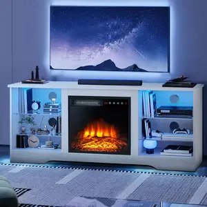 Fireplace TV Stand for TVs Up to 65 Inches Console with 18'' Electric Fireplace & Remote, Adjustable Glass Shelves & Storage Cabinets, Electric Fireplace with Heater, Hardwood/Engineered Wood Construction, Modern Entertainment Center for Living Room