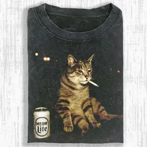 Meow Lite Cat T-shirt, Funny Cat Graphic Tee, Smoking Cat Shirt, Cool Cat Lover Apparel