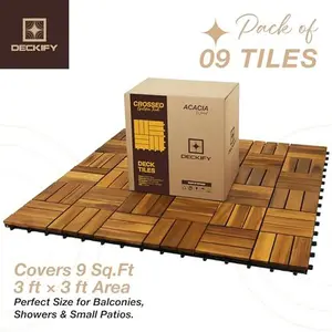 9Pcs Acacia Wood Interlocking Patio Deck Tiles, 12 x 12 x 0.9 Inch Outdoor Flooring, Waterproof for All-Weather Use – Crossed, Natural