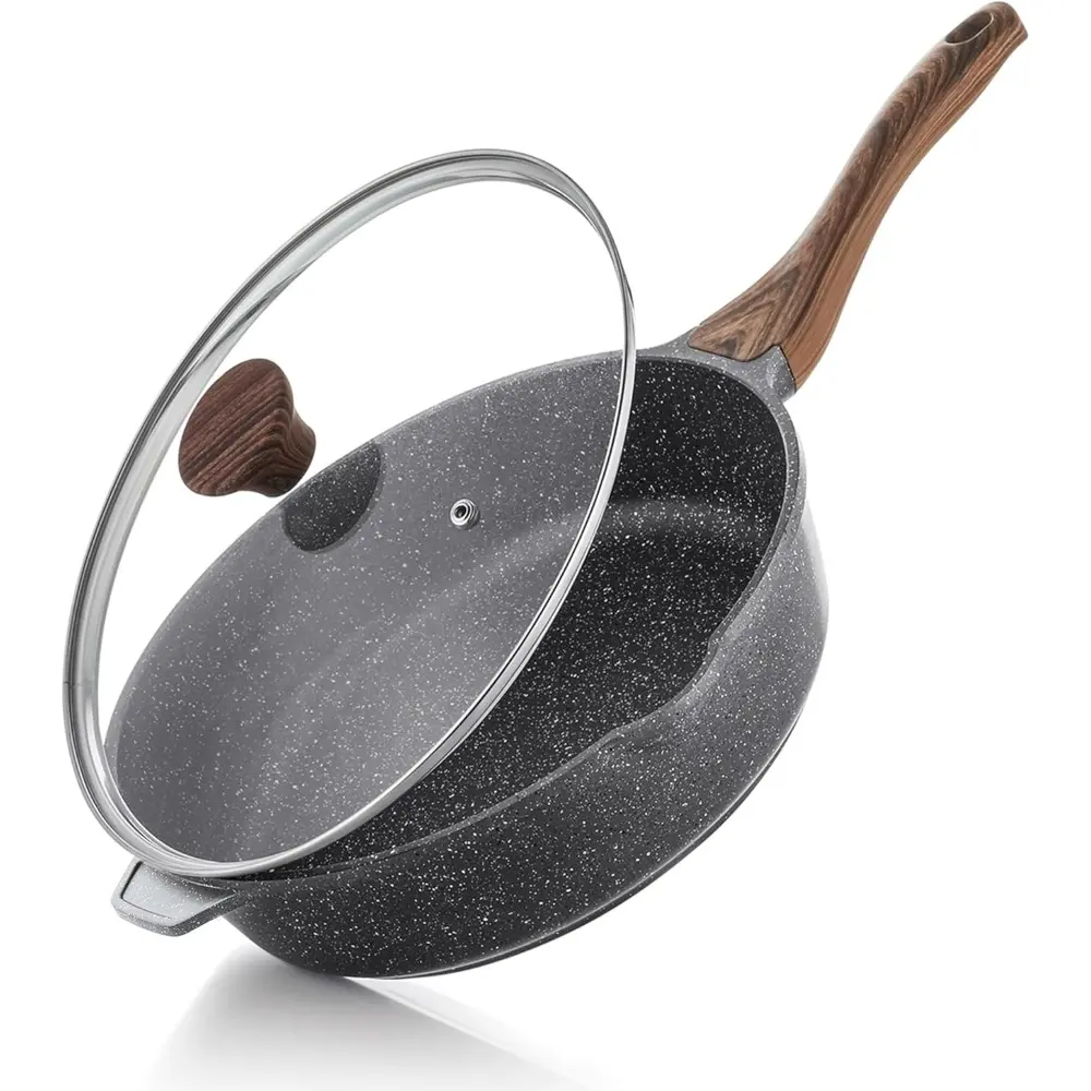 Nonstick Deep Frying Pan, 12-inch Saute Pan with Lid, Stay-cool Handle, Healthy Stone Cookware Cooking Pan, Induction Compatible, PFOA Free