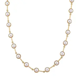 White Shell Pearl Station Necklace in Goldtone 20 Inches