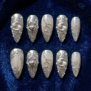 Cancer - Zodiac Press On Nails Silver Chrome Almond Set, Celestial Crab Constellation Elegant Nail Design for Mom, Mother’s Day Gift