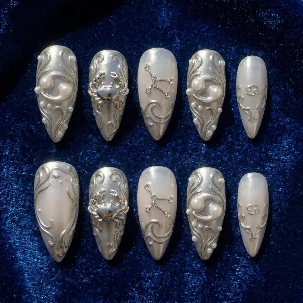 Cancer - Zodiac Press On Nails Silver Chrome Almond Set, Celestial Crab Constellation Elegant Nail Design for Mom, Mother’s Day Gift