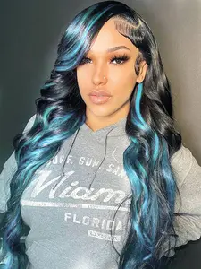 Aodbar hairs Blue and Black Highlight Color Lace Front Wig Synthetic Wig 13*4 Transparent Lace Wig Heat Resistant Fiber Hair Glueless Black and Blue Color Wig for Halloweeen, Cosplay and Daily Use 28 Inch