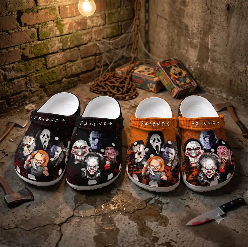 (No Box) Retro Horror Movie Characters Halloween Clogs Shoes, Halloween Fantasy Graphic Clogs, Lightweight Comfortable Slip-On Shoes, Gothic Occult Casual Footwear