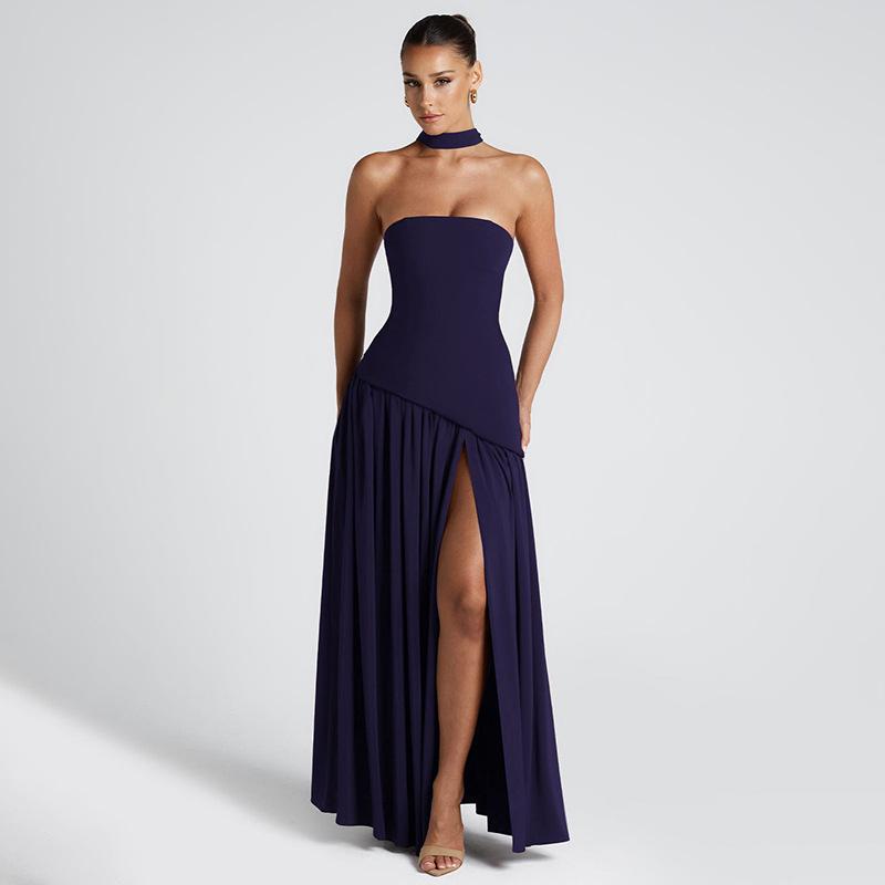 luna formal high slit dress Open-Back Long Navy Blue Prom Dress with High Neck Navy / 11
