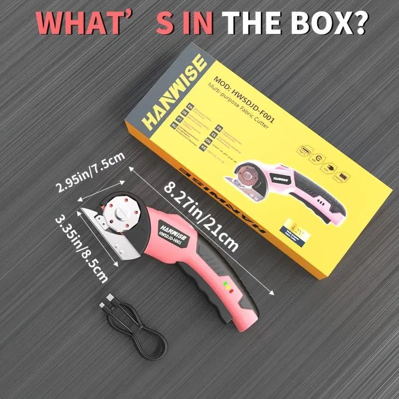 Hanwise Cordless Electric Titanium Blade Scissors, 4.2V 2000mAh USB Rechargeable (Cable Included), 10000RPM, 1/4" Cut Thickness, Safety Lock, LED Light, for Cardboard/Fabric, Pink-Yellow, Titanium Blades