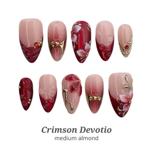 Lilynailsart | Burgundy Red Press On Nails - Gold Chrome 3D Flower Rhinestone Nails - Medium Almond Romantic Luxury Set