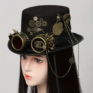 Steam Punk Gentleman Hat with Heavy Metal Chain Design, Skull Rivet Detailing & Goggles for Men & Women, Perfect for Stage Performance & Costume Party Use