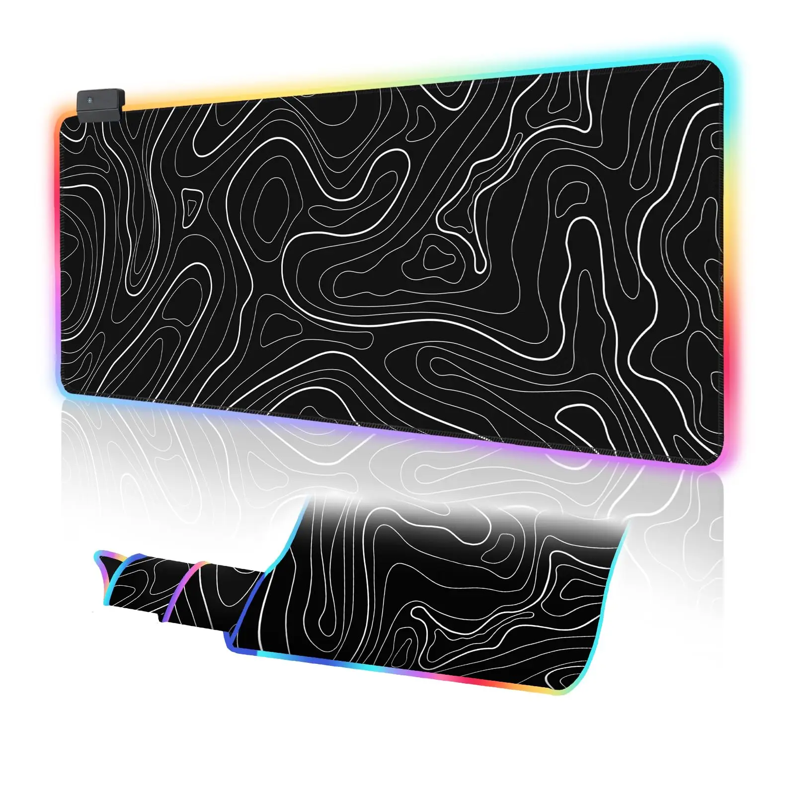 UJoowalk RGB Gaming Mouse Pad, Topographic Mouse Pad Large, LED XL Mousepad, Keyboard and Mouse Pad, Desk Mat, 31.5 x 11.8 in, Black Minimalist Line Desk Pad