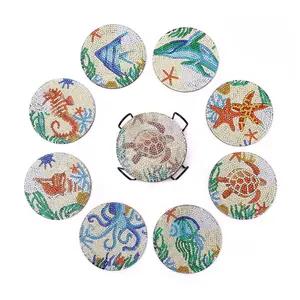 Round Marine Organism Pattern DIY Diamond Arts Colorful Painting Coaster Kit, 8 Counts DIY Diamond Arts Colorful Painting Kit, DIY Decorative Art Craft for Home Office Desk