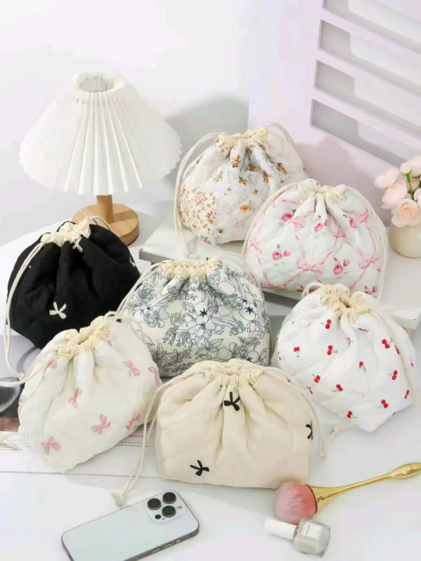Floral Pattern Drawstring Makeup Bag, Multifunctional Cosmetic Storage Bag, Travel Essential Makeup Bag, Cute Drawstring Bag, Portable Cosmetic Bag, Beauty Bag, Makeup Pouch