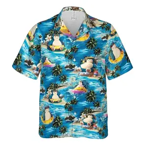 Snorlax Hawaiian Shirt | Surfing Snorlax & Tropical Island Print Summer Short Sleeve Button Down Shirt