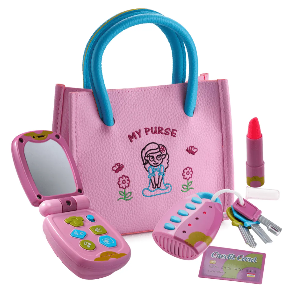 Toddler Purse | Girls Pretend Play Purse with Phone, Keys, Lipstick & Credit Card - Creative Learning Activity Accessory - Perfect Gift Set