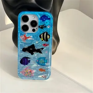 Korea Ripple Texture Aquaria Fish Case for iPhone 16 15 14 13 11 Pro Max - Shockproof Marine Animal Soft Case with Protective Casing Protector Screen Protector Blue Cover Protection Smartphone Cellphone Shell