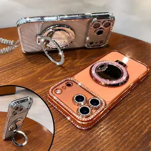 Women's Phone Case with Mirror & Stand for iPhone 12/13/14/15/16/17 Pro Max,17Air,14/15/16 Plus. Features a shiny frame, high-definition transparent material, and full-body drop-resistant design.