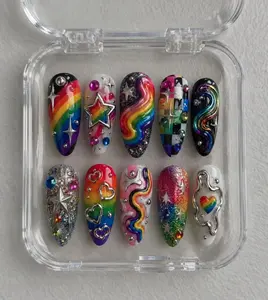 Heather Thorsen Rainbow Pride Press-On Nails, 3D Rainbow Swirl & Star Charm Design, Glitter Ombre Hearts, Colorful Y2K Festival Aesthetic, Handmade Statement Nail Art, Bold Fun Press Ons