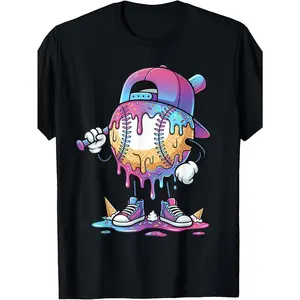 Baseball Ice Cream Drip Meme Bat Boys Sports Cool Competition Day T-Shirt - Pure Cotton Unisex Children' S Breathable Short Sleeve T-shirt, Keep Cool in Spring and Summer, Sizes 80-160  (3-13Y)