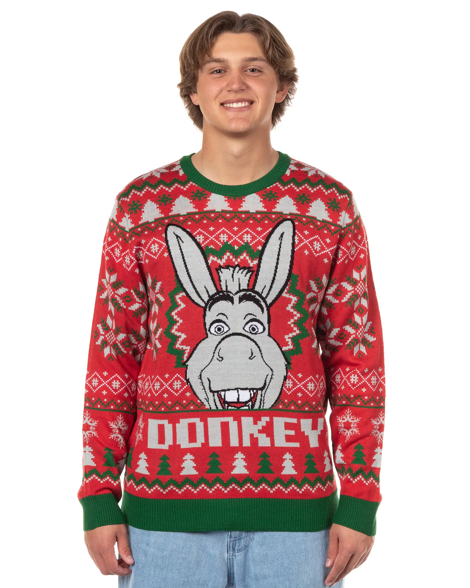 Men's Holiday Sweater, Talking Donkey Ugly Christmas Knit Pullover, Long Sleeve Fair Isle Top with Ribbed Trim