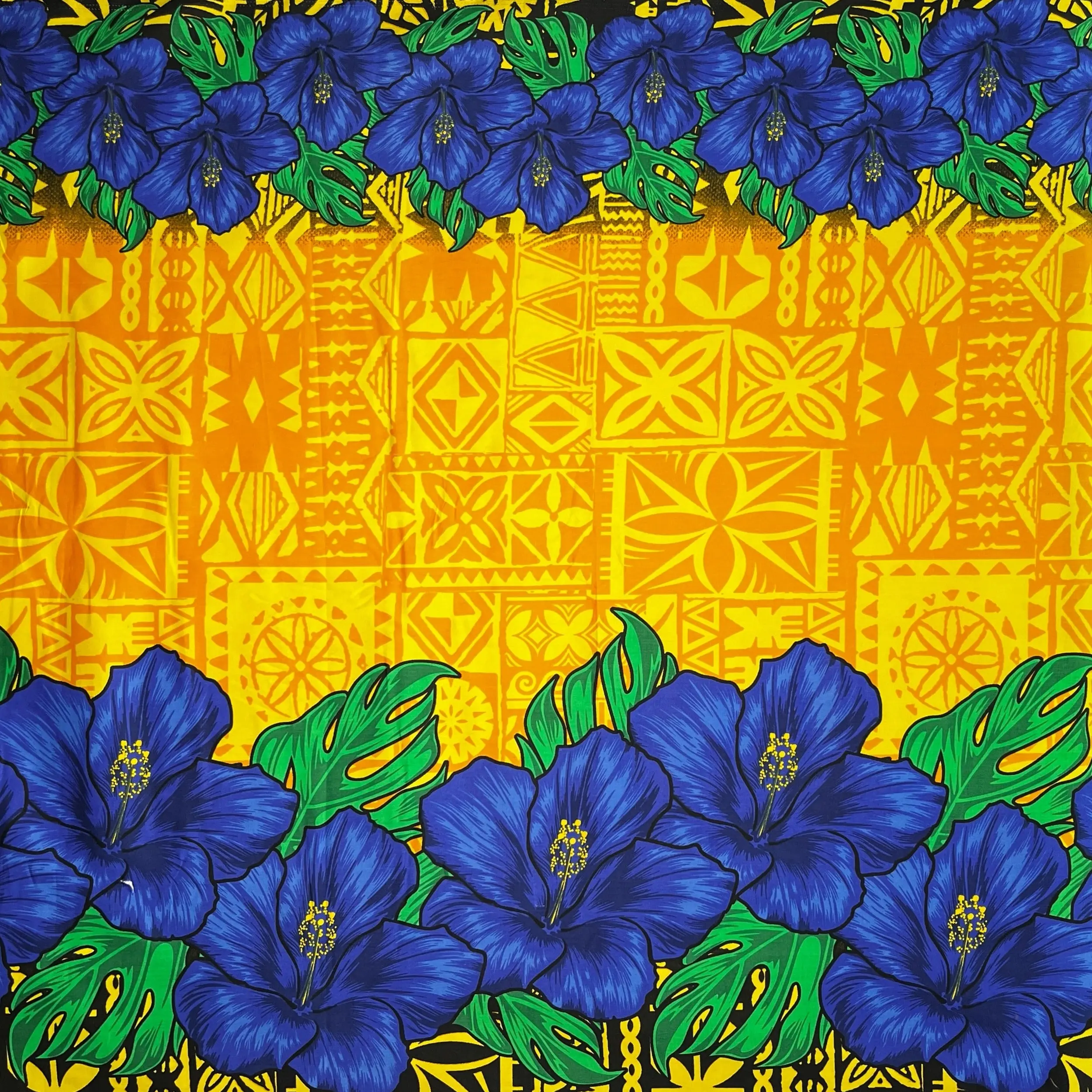 Cotton Poplin Fabric with Double Borders, Hibiscus Leaves & Colorful Flowers Pattern - Islands Textile, Continuous Piece for Sewing, Tropical Look Soft Furnishings Material