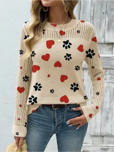 Women's Heart Print Stand Collar Sweater, Fall Winter Casual Long Sleeve Knitwear, Comfortable Warm Daily Wear, Pop Art Design