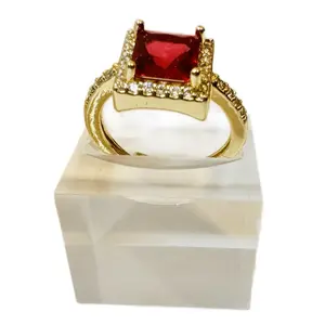 Princess Cut Ruby & Diamond Halo Ring For Women 14K Gold Plated Adjustable Band July Birthstone Fashion Jewelry