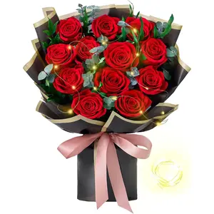 Flower Bouquet 12- Red Preserved Roses Bouquet with Led Lights  for Women Wife Mother Day Wedding Anniversary Birthday (Black)