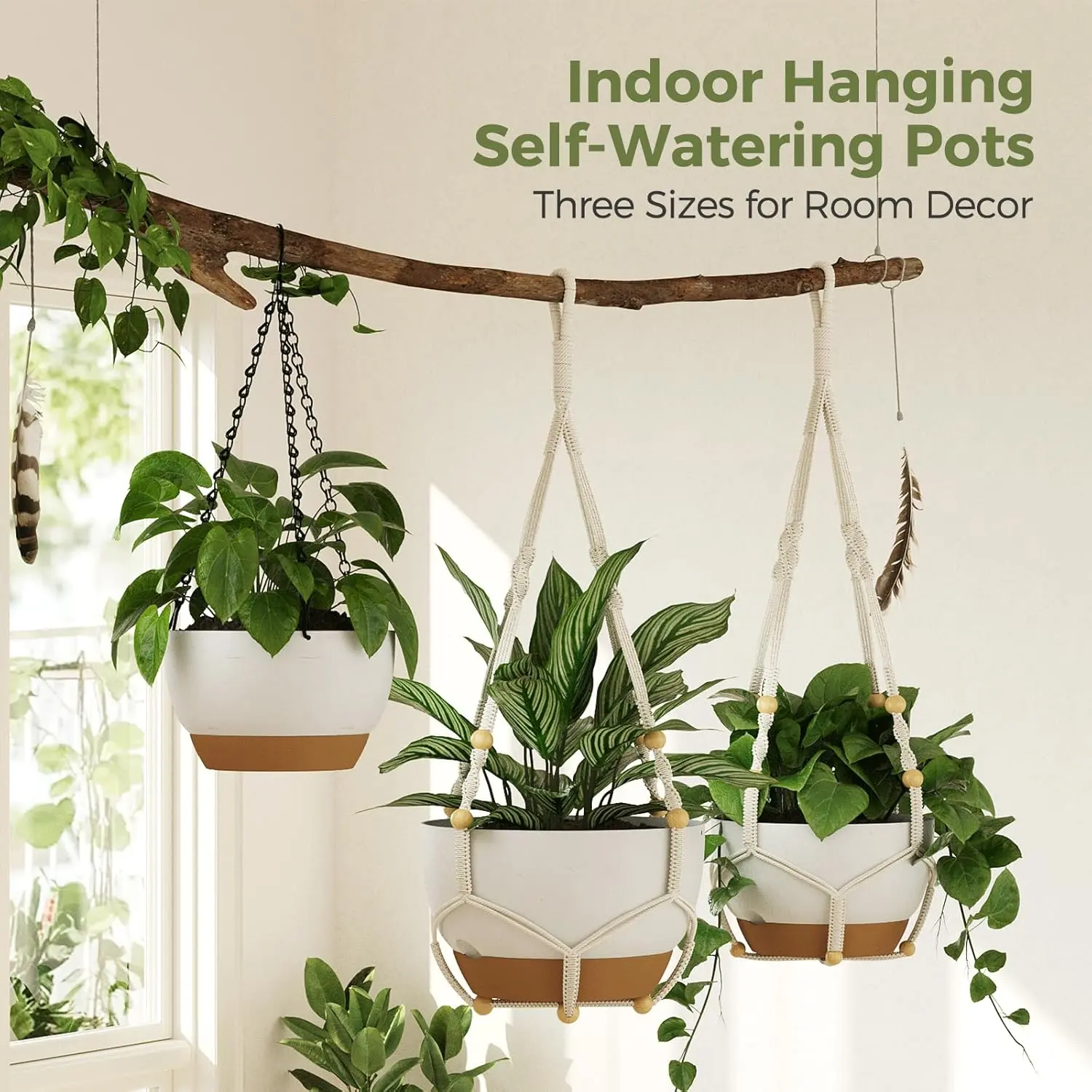 Bamworld 3-Pack White Macrame Plant Hangers with Chain - Self-Watering Planters (11/9/8 in) with Drainage Holes, Removable Saucer, Ideal for Modern Home Decor, Indoor-Outdoor Use