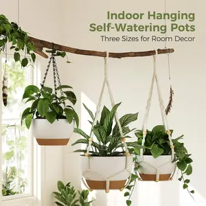 Bamworld 3-Pack Macrame Plant Hangers Indoor with Chain — Self-Watering Hanging Planters w/Drainage Holes & Removable Saucer, White (11/9/8 in) — ideal plant hanger for hanging plant displays