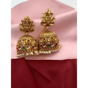 Goddess Lakshmi Red Green Multi Stone Matte Finish Jhumki