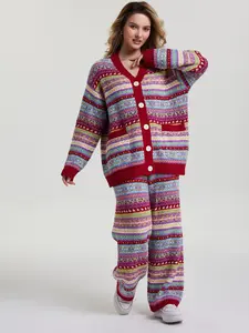 Women's Boho Style Geometric Pattern Pajama Set, Thick Knit Fabric Loose Fit Home Wear, Fall & Winter Casual Sleepwear
