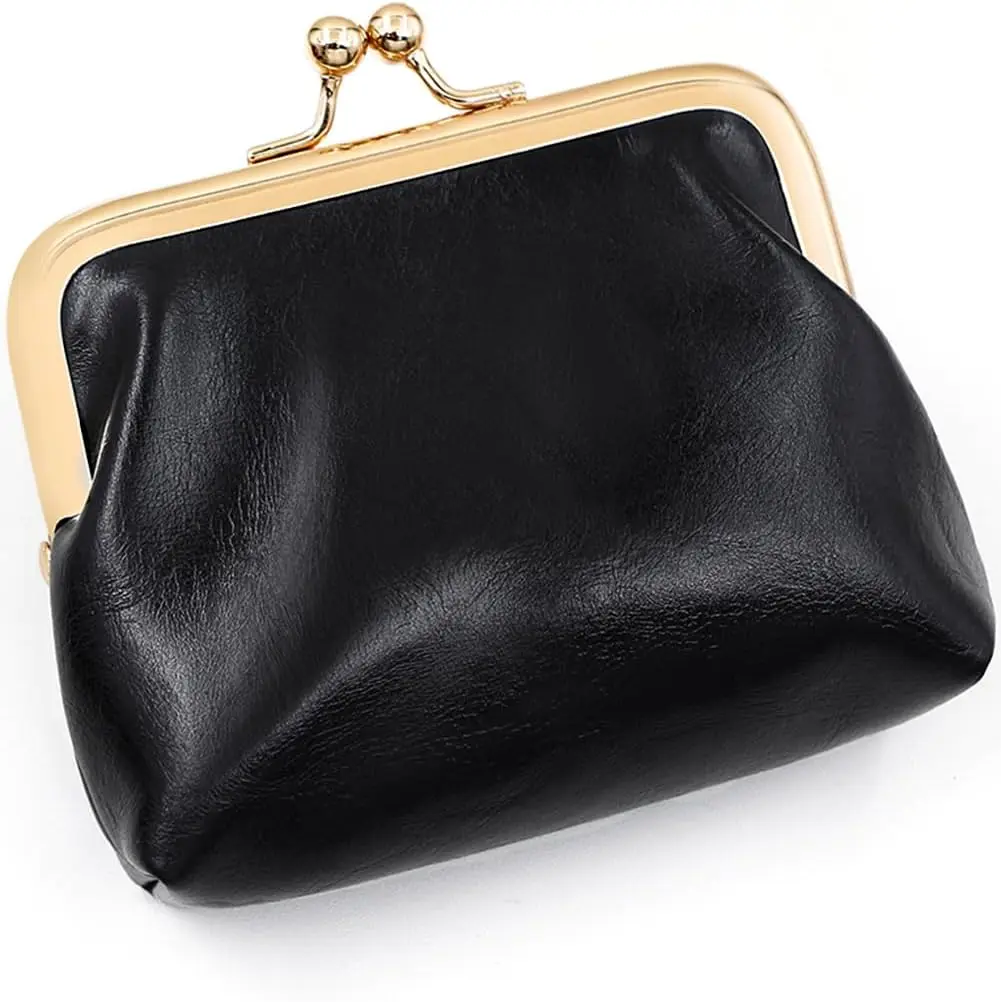 Women's Vintage Coin Purse, Retro Soft PU Leather Mini Wallet with Brass-Tone Kiss Lock, Compact Clutch for Cash and Cards, Driving, Casual, Hand Wash Only, Metal, Mini Clutch, Secure Clasp, Wristlet, Scratchproof, Chic Women's Clutches & Wristlets