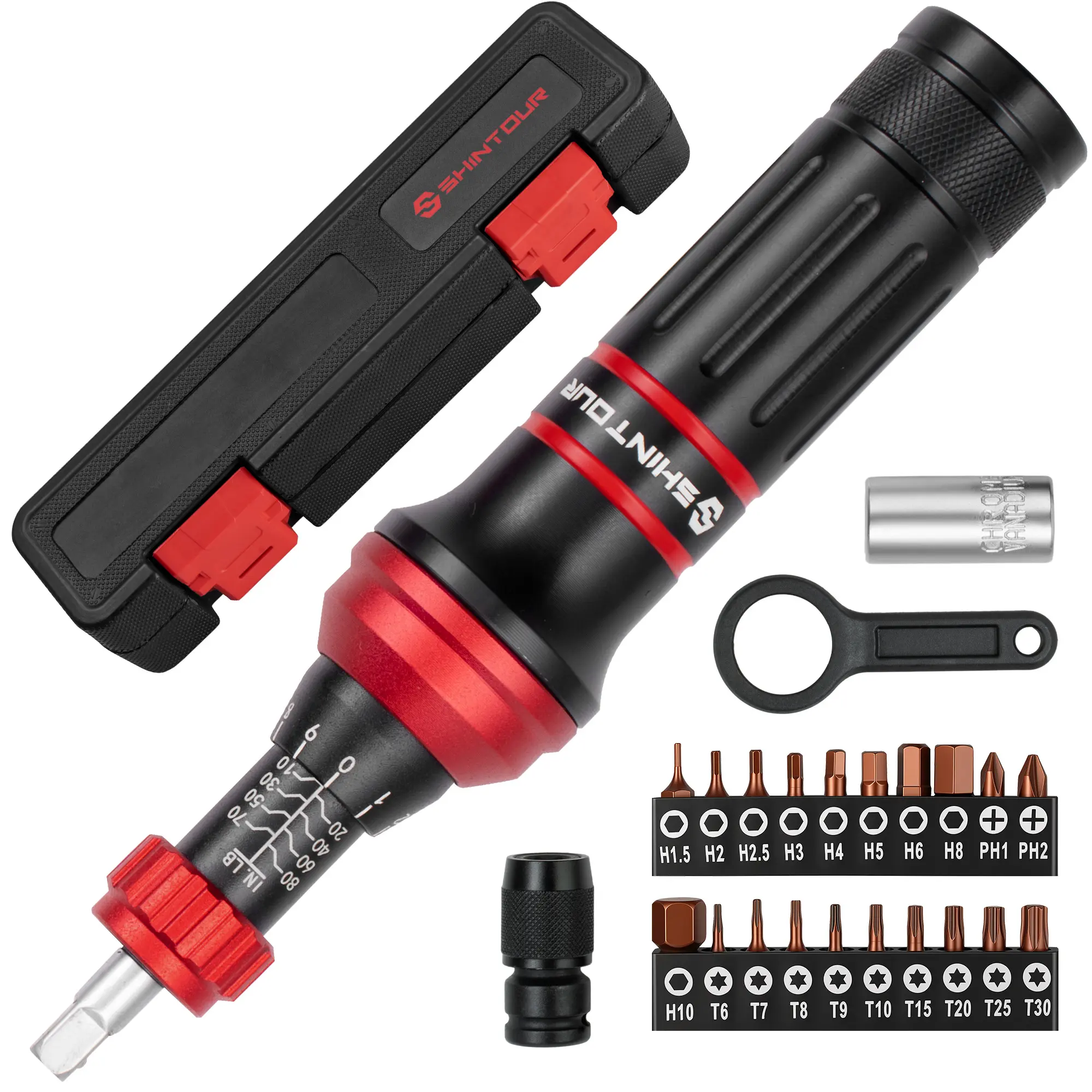 SHINTOUR 1/4" Drive Click Torque Screwdriver Bit Set - 10-80 in-lb (inch-pounds) Adjustable Tool for DIY Users, Bicycle Precision & Low-Torque Jobs with Hex, Torx, Phillips Bits