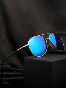 Vintage Simple Mirror Lens Top Bar Design Blue Aviator Sunglasses for Everyday Use, 1 Pair Retro Outdoor Large Frame Fashion Sunglasses, Travel Accessories for Driving Car, Mirrored Shades