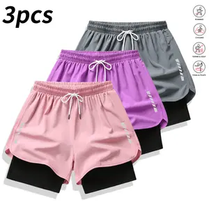 Set of 3 women’s casual athletic shorts with striped print, built-in lining, drawstring, and elastic waistband — suitable for workouts, running, and casual wear; lightweight summer shorts, women’s clothing