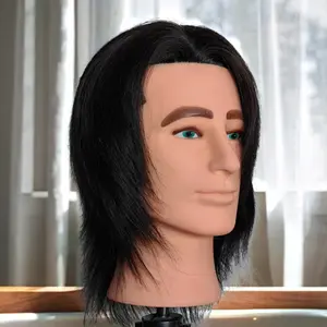 100% Human Hair Male Mannequin Head 8 Inch Hairdresser Practice Beauty Styling Training Mannequin Doll Head, Free Desktop Small Stand (Black) Barber Tape Wigs Stylist