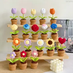 Handmade Crochet Flower Potted Decorative Ornament, Trendy Aesthetic Mini Faux Floral Knitted Bonsai, No-Wilt Easy-Care Vivid Handicraft for Home, Office, Desktop - Indoor Recreation Gift