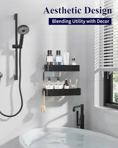 Kitsure Shower Caddy - 2 Pack Adhesive Shower Organizer, Rustproof Metal Shelves, No-Drill Bathroom Organizers and Storage, Black, Large