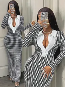 Spring & Fall Plaid Long Dress, Colorblock Patchwork Design, Lapel Neckline, Slim Fit, Split Back Detail, Women's Fashion Clothing