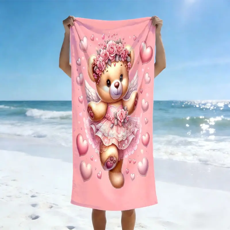Heart Ballet Bear Beach Towel, Flat Print, Dreamy Fairy Tale Design, Lightweight Soft Quick Dry, Sandproof Sun Protection