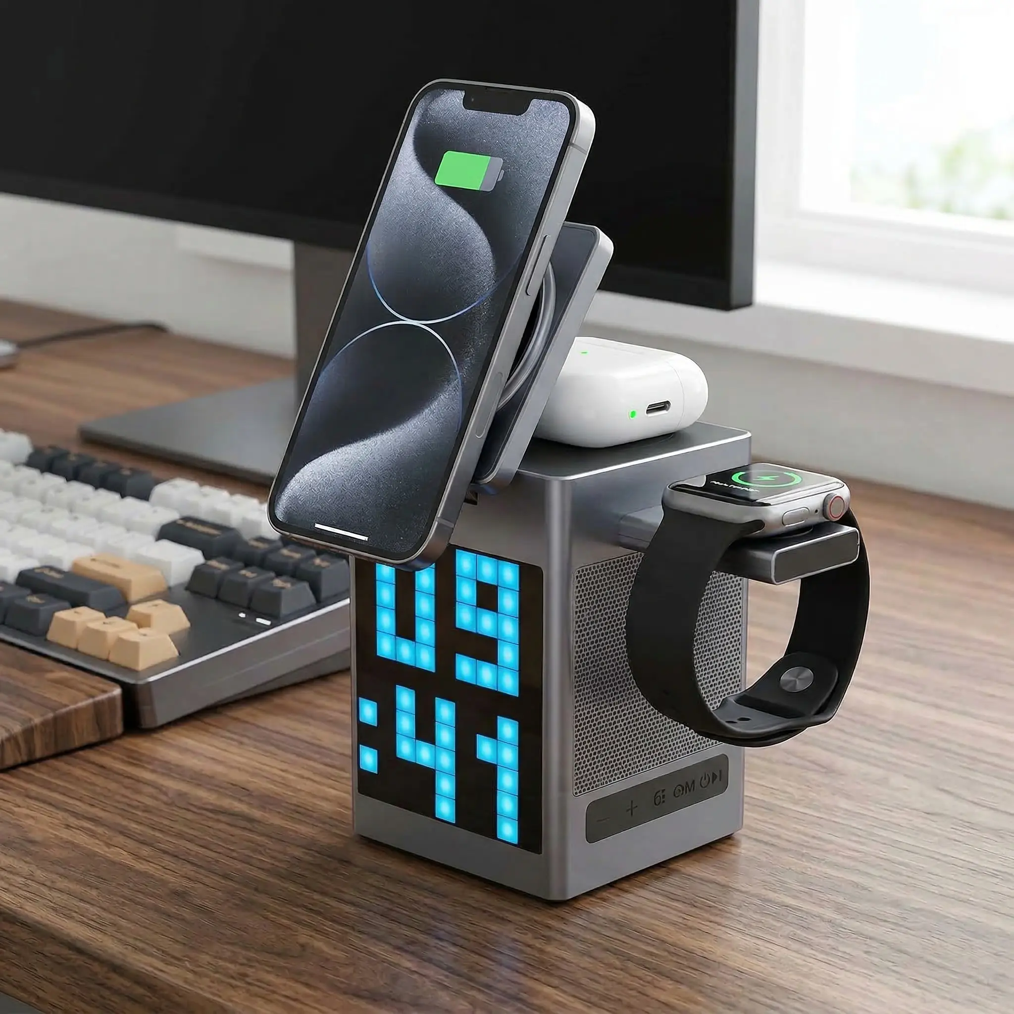 6-in-1 Wireless Charging Station with Wireless Speaker, Digital Alarm Clock, Pixel Display for iPhone 17/16/15, Apple Watch, AirPods, Fast Charging, Compact Desk Organizer#Easter Day#SummerWins#Fathersdaygift