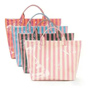 Dopamine Summer Striped Tote | Aesthetic Glossy Handbag for Beach & Travel | Large Capacity Bag | Vibrant Lightweight Commuter Tote