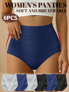 6-Pack 95% Cotton Breathable Women's Underwear, Lingerie, High-Waisted Control Top, Embroidered Butt Lifting, Loose-Fit, Elegant Style, All-Seasons