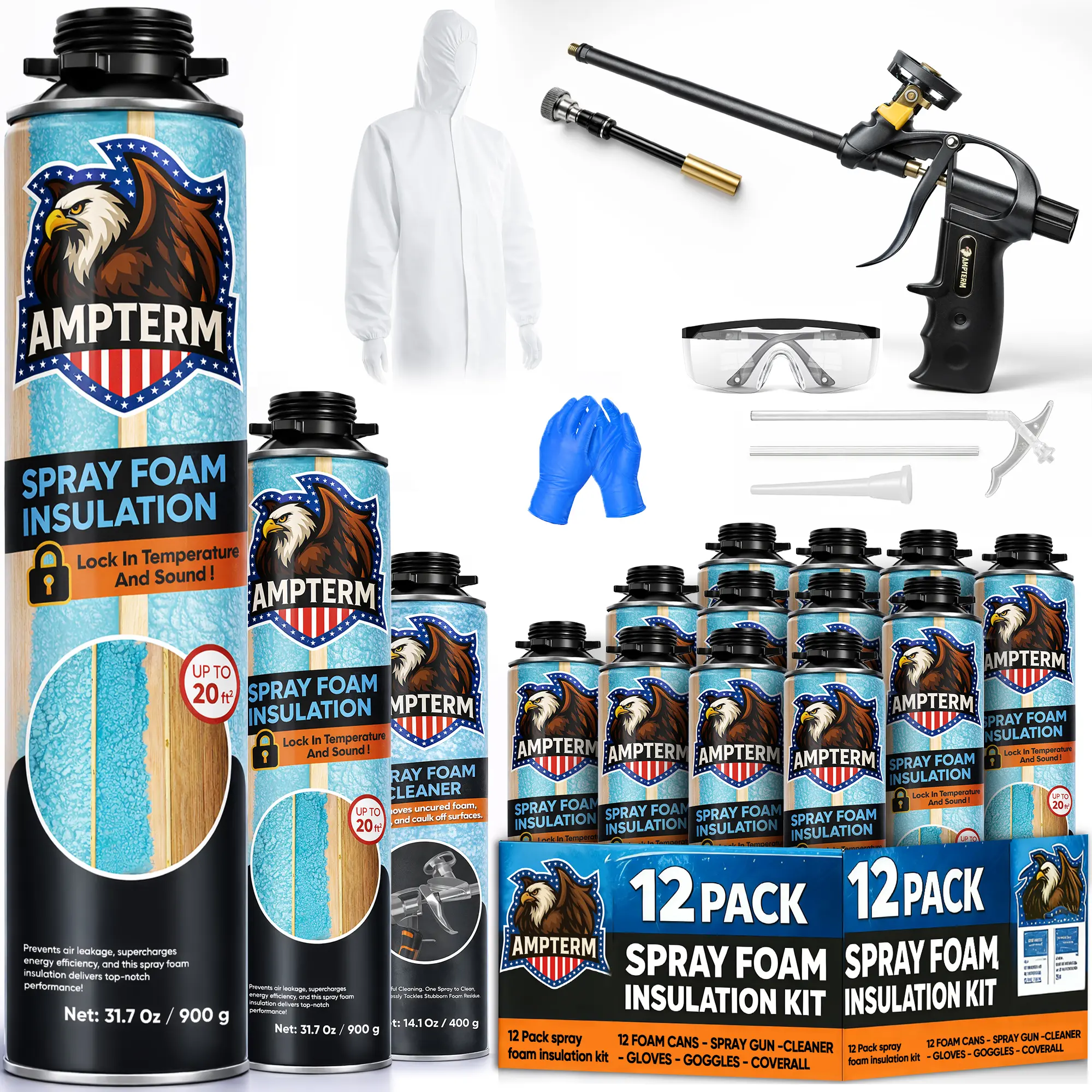 Spray Foam Insulation Kit 12 Pack, Closed Cell Spray Foam Insulation High Density Expanding Foam, Up to 240 Board Feet Coverage, Wall/Ceiling/Attic/Garage Door Thermal & Acoustic Insulation with Spray Tool, Cleaner