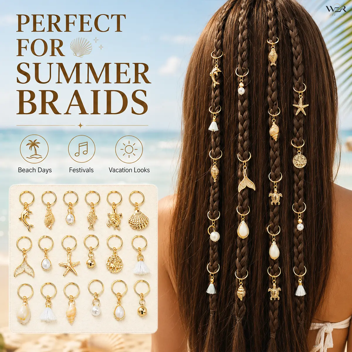 Ocean Braid Charm Hair Accessory, 24pc Gold Set for Women Girls with Starfish, Shell & Turtle Pendants, Lightweight for Braids & Ponytails